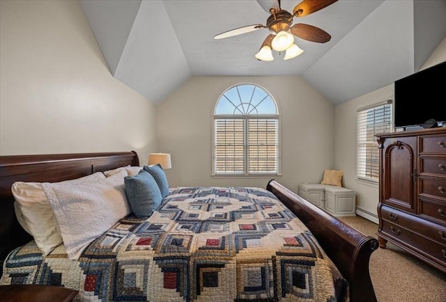 bedroom featuring a ceiling fan, baseboard heating, carpet flooring, and vaulted ceiling