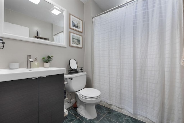 full bath with vanity, tile patterned flooring, toilet, and a shower with curtain