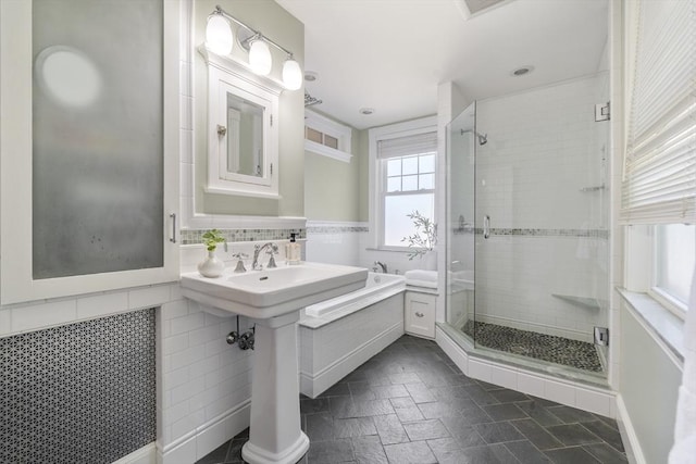 1 Murdock Ter, Boston, MA 02135 - bathroom with a stall shower, tile walls, and stone tile floors