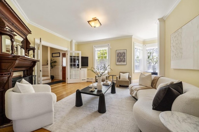 1 Murdock Ter, Boston, MA 02135 - living area with ornamental molding, light wood-type flooring, a fireplace, and a baseboard heating unit