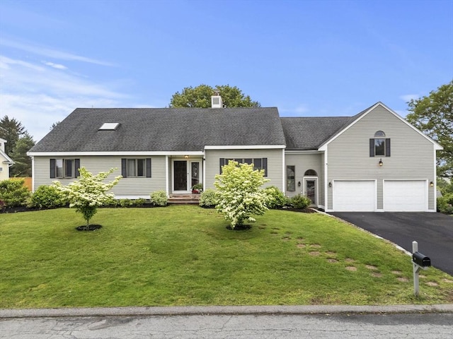 23 Mulholland Dr, Ipswich, MA 01938 - view of front of property with asphalt driveway, an attached garage, a front lawn, and a shingled roof