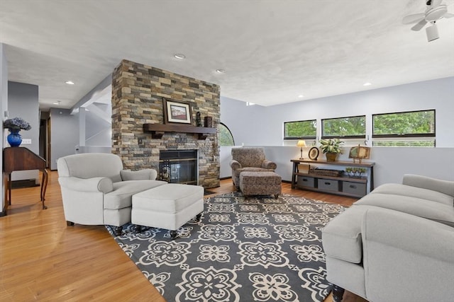 23 Mulholland Dr, Ipswich, MA 01938 - living room featuring wood finished floors, ceiling fan, recessed lighting, and a stone fireplace