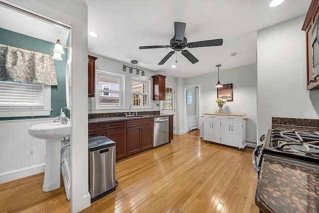 72 Marlboro St, Dedham, MA 02026 - kitchen featuring appliances with stainless steel finishes, ceiling fan, light wood-style floors, decorative light fixtures, and recessed lighting