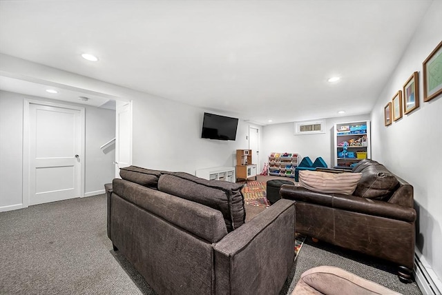 72 Marlboro St, Dedham, MA 02026 - carpeted living area featuring recessed lighting, a baseboard radiator, and stairway