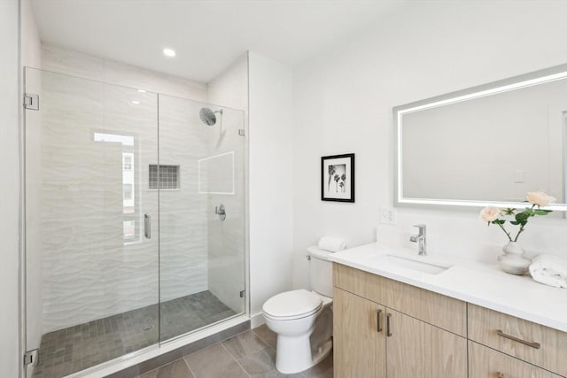 236-256 Dorchester St Unit 201, Boston, MA 02127 - full bathroom featuring vanity, a stall shower, recessed lighting, and tile patterned flooring