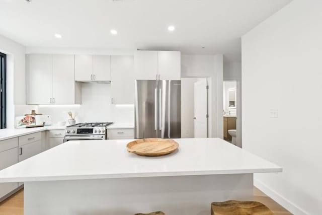 236-256 Dorchester St Unit 201, Boston, MA 02127 - kitchen featuring stainless steel appliances, light countertops, a kitchen island, recessed lighting, and light wood-style floors