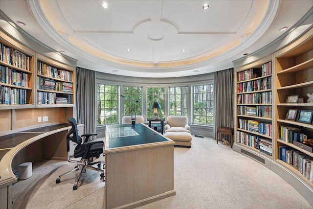 135 Marsh St, Belmont, MA 02478 - carpeted office featuring crown molding, recessed lighting, built in features, and bookshelves