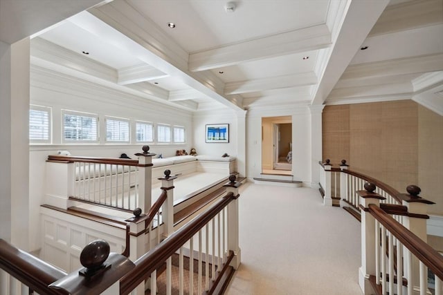 135 Marsh St, Belmont, MA 02478 - hallway with crown molding, beamed ceiling, coffered ceiling, and an upstairs landing