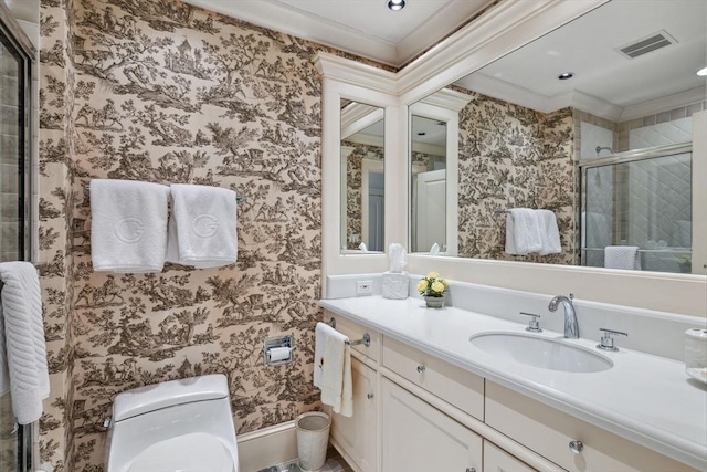 135 Marsh St, Belmont, MA 02478 - bathroom featuring visible vents, a shower stall, vanity, toilet, and wallpapered walls