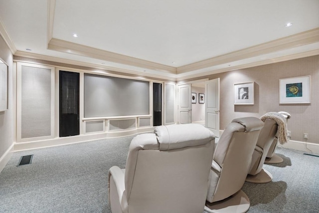 135 Marsh St, Belmont, MA 02478 - carpeted cinema featuring ornamental molding, a tray ceiling, recessed lighting, and visible vents