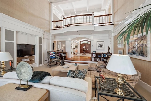 135 Marsh St, Belmont, MA 02478 - living area with arched walkways, recessed lighting, beam ceiling, and a towering ceiling