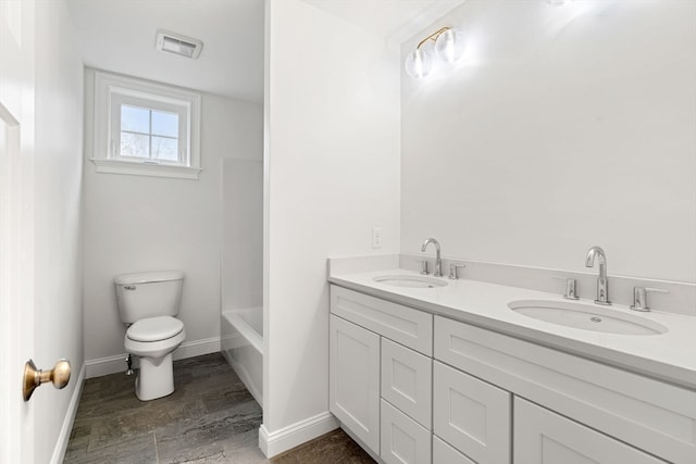 full bathroom with plus walk in shower, wood-type flooring, vanity, and toilet