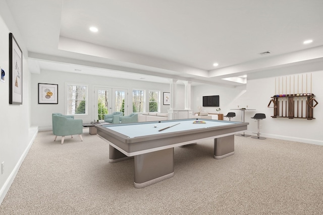 playroom with light colored carpet, billiards, and ornate columns