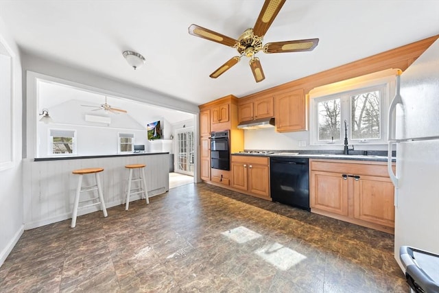 kitchen with black appliances, a sink, under cabinet range hood, baseboards, and vaulted ceiling