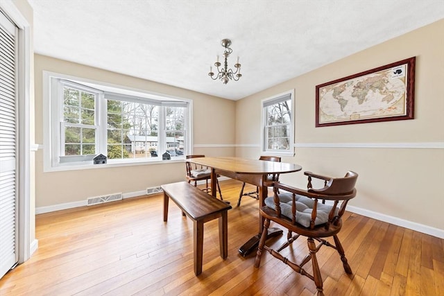 dining area featuring visible vents, light wood-type flooring, and baseboards