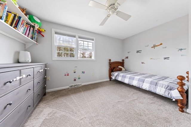 bedroom with light carpet, visible vents, ceiling fan, and baseboards