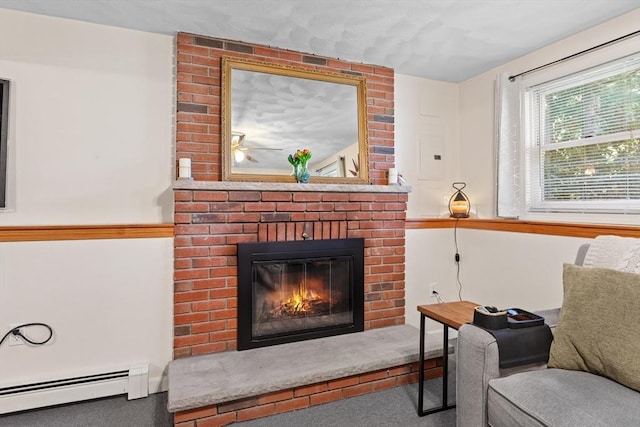 171 Taft Rd, Wilmington, MA 01887 - living area featuring a baseboard radiator, carpet floors, a fireplace, and electric panel