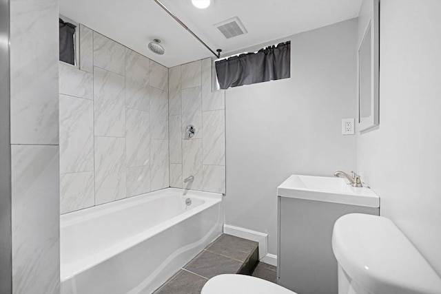 101 Alpha St, Dartmouth, MA 02747 - bathroom featuring toilet, vanity, a combined bath / shower with rainfall shower, baseboards, and tile patterned flooring
