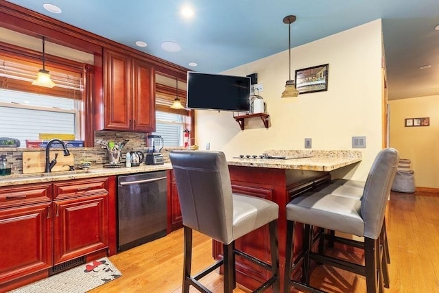 kitchen with sink, pendant lighting, light hardwood / wood-style floors, stainless steel dishwasher, and light stone countertops