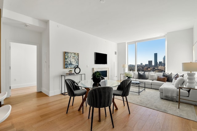 dining room featuring expansive windows and light wood-type flooring