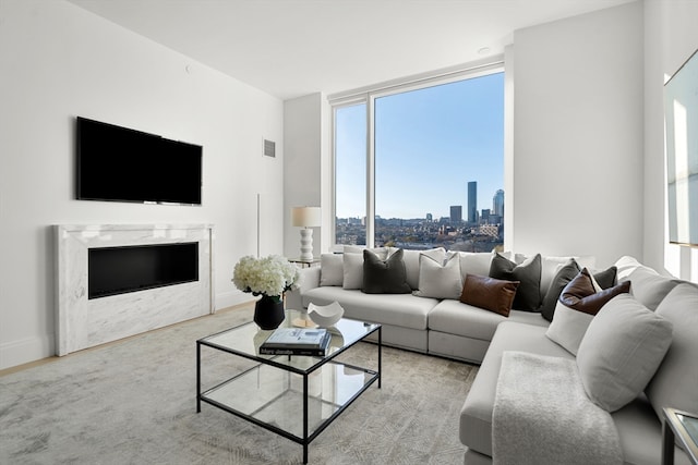 living room featuring light carpet