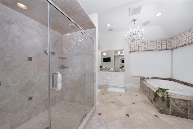 bathroom with vanity, a notable chandelier, shower with separate bathtub, and tile patterned floors