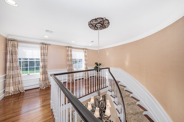 hall featuring ornamental molding and wood-type flooring