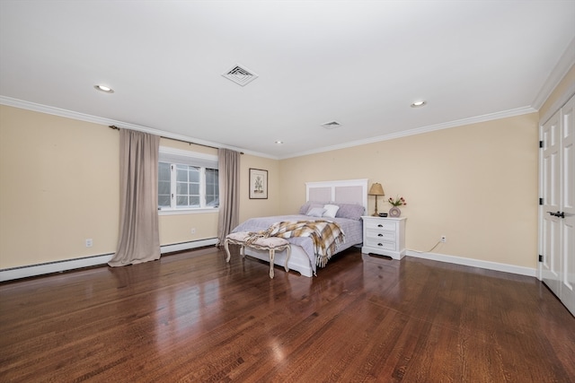 bedroom with ornamental molding, dark wood-type flooring, and a baseboard heating unit