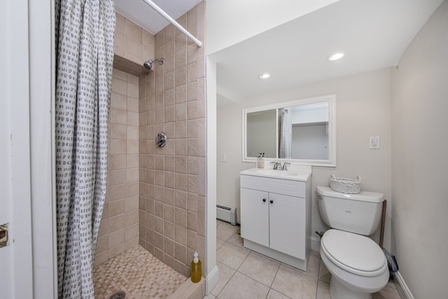 bathroom with tile patterned floors, toilet, a shower with curtain, a baseboard radiator, and vanity