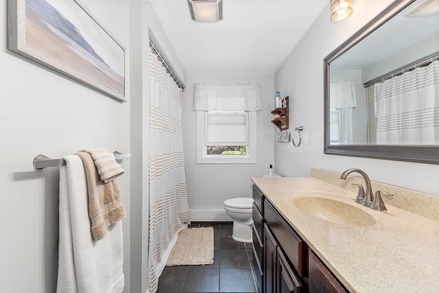 bathroom featuring toilet, vanity, tile patterned flooring, baseboards, and a shower with shower curtain
