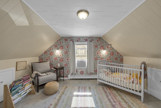 1 Walter St, Worcester, MA 01609 - bedroom with a baseboard heating unit, wallpapered walls, carpet flooring, cooling unit, and lofted ceiling