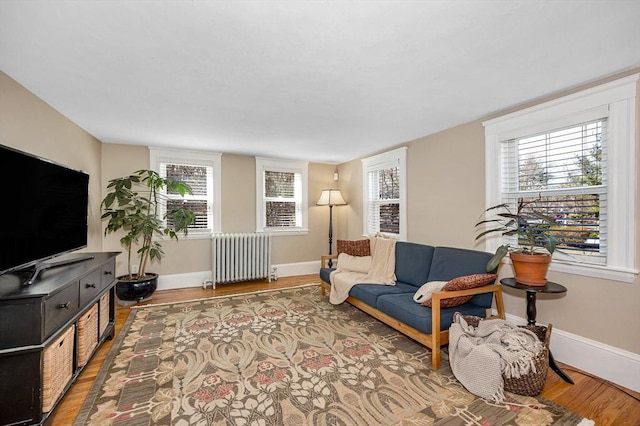 living area with baseboards, radiator, and wood finished floors