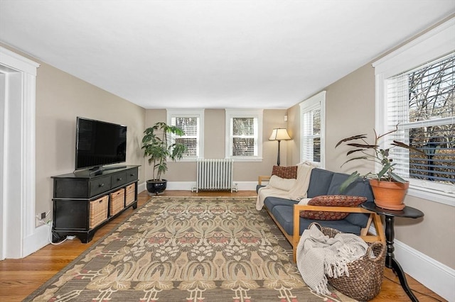 living area featuring radiator heating unit, wood finished floors, and baseboards