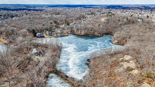 birds eye view of property with a wooded view