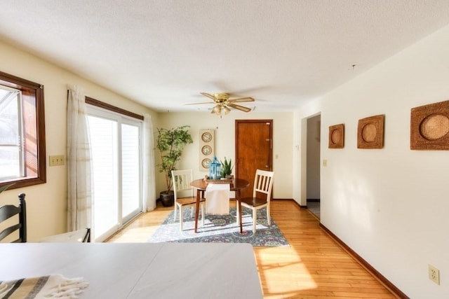 dining space with a textured ceiling, ceiling fan, and light hardwood / wood-style flooring