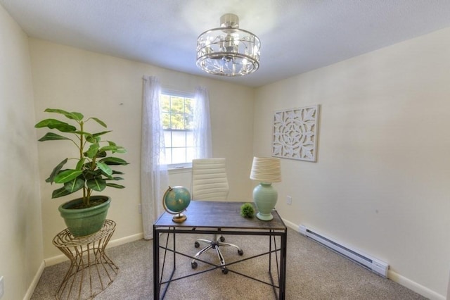 office space featuring an inviting chandelier, carpet, and baseboard heating