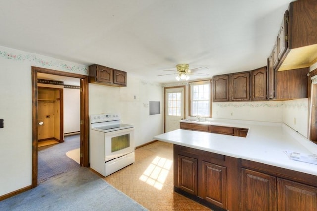 kitchen featuring white range with electric stovetop, sink, light colored carpet, dark brown cabinetry, and ceiling fan