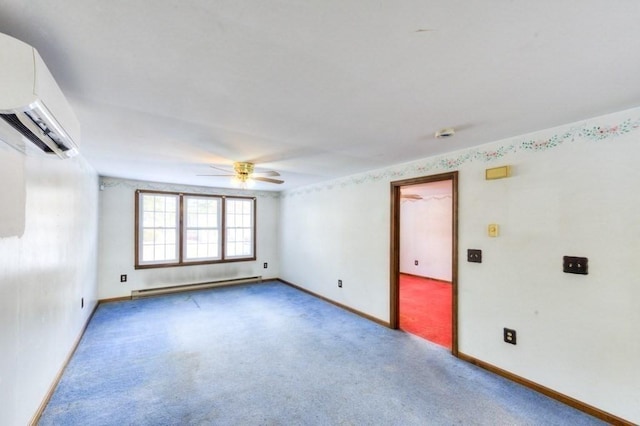 carpeted empty room with ceiling fan, a baseboard radiator, and a wall mounted air conditioner