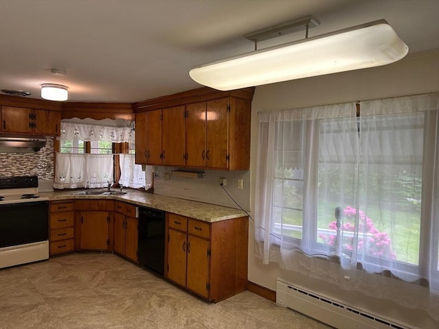 211 Stevens St, Marlborough, MA 01752 - kitchen with black dishwasher, white electric range oven, a baseboard heating unit, a sink, and under cabinet range hood