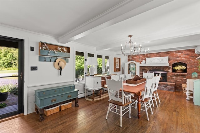 7 Stoney Hill Rd, Mattapoisett, MA 02739 - dining room featuring a chandelier, beamed ceiling, wood finished floors, plenty of natural light, and crown molding