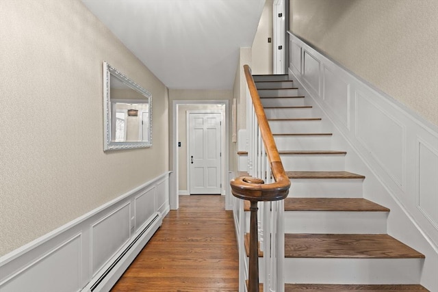 7 Stoney Hill Rd, Mattapoisett, MA 02739 - stairs with a decorative wall, a wainscoted wall, and wood finished floors