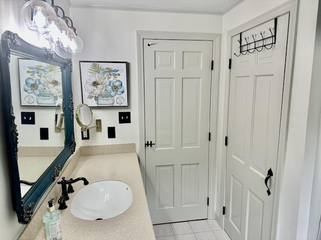 7 Stoney Hill Rd, Mattapoisett, MA 02739 - bathroom with ornamental molding, vanity, tile patterned flooring, and a chandelier