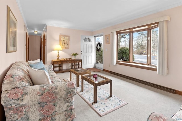 living room with crown molding, light colored carpet, and baseboards