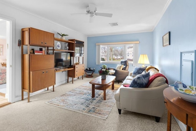 living room with visible vents, a ceiling fan, light colored carpet, and ornamental molding