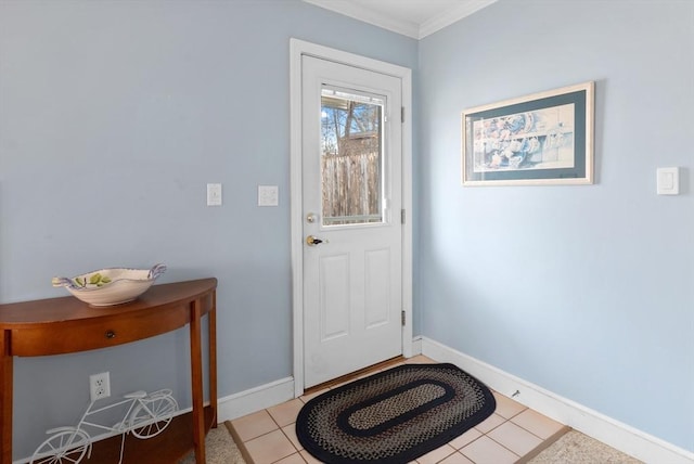 entryway with tile patterned floors, baseboards, and ornamental molding