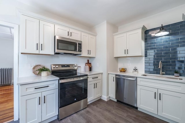 kitchen featuring sink, white cabinetry, appliances with stainless steel finishes, dark hardwood / wood-style flooring, and radiator heating unit