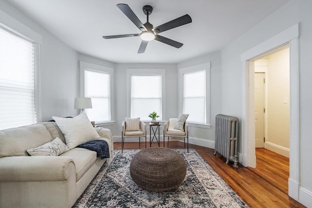 living room with ceiling fan, dark hardwood / wood-style floors, and radiator