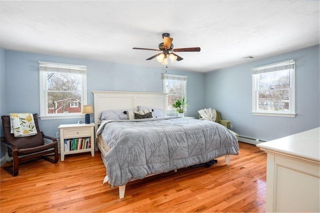 bedroom with ceiling fan, light hardwood / wood-style flooring, and a baseboard heating unit