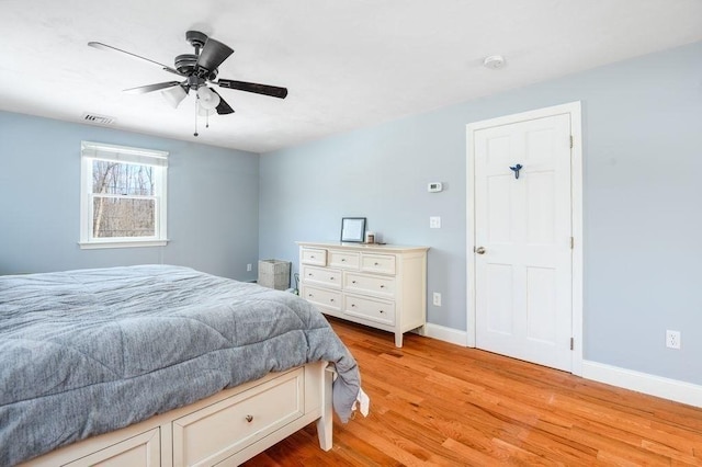 bedroom featuring ceiling fan and light hardwood / wood-style floors