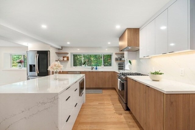 kitchen with white cabinets, stainless steel appliances, decorative backsplash, and light hardwood / wood-style flooring